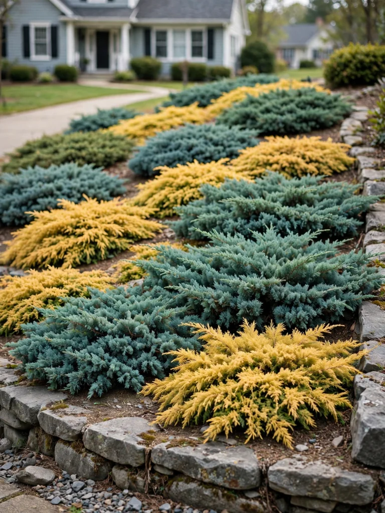 Mounded Juniper Slope Cover with blue-green and gold creeping junipers flowing over a front yard slope