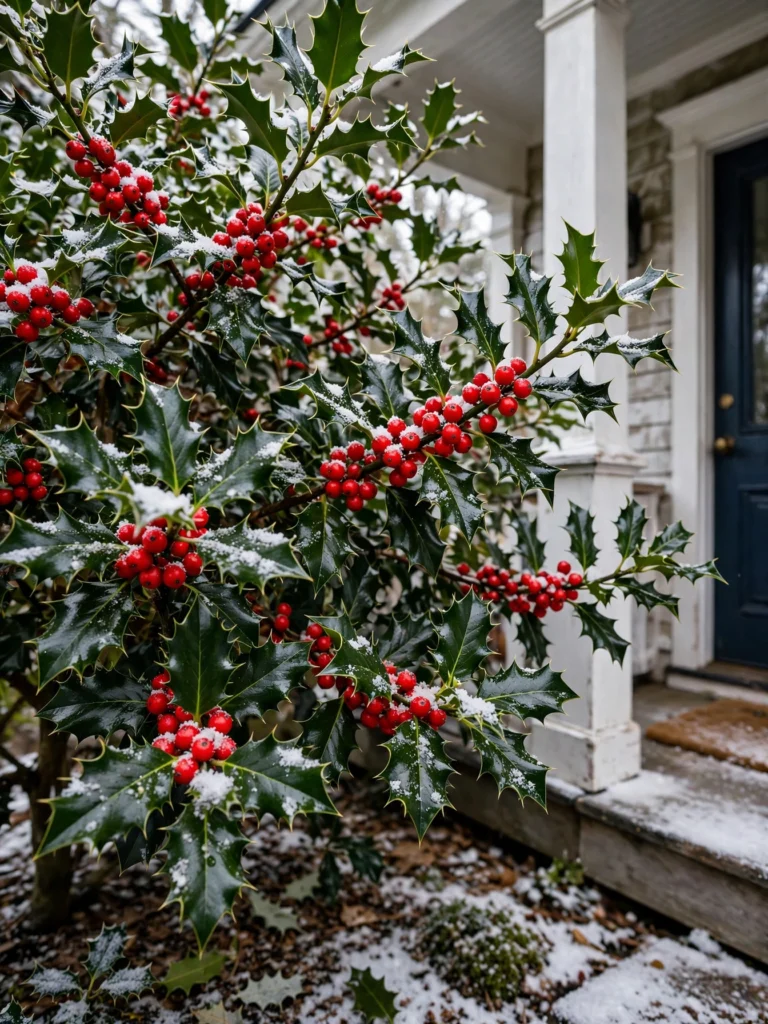Holly and Berry Winter Accent with glossy leaves and red berries beside a frosty front porch