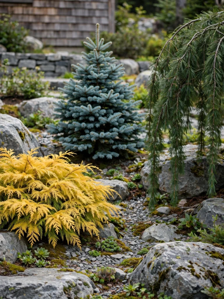 Dwarf Conifer Rock Garden with golden cypress, blue cone, and weeping pine among stones and boulders