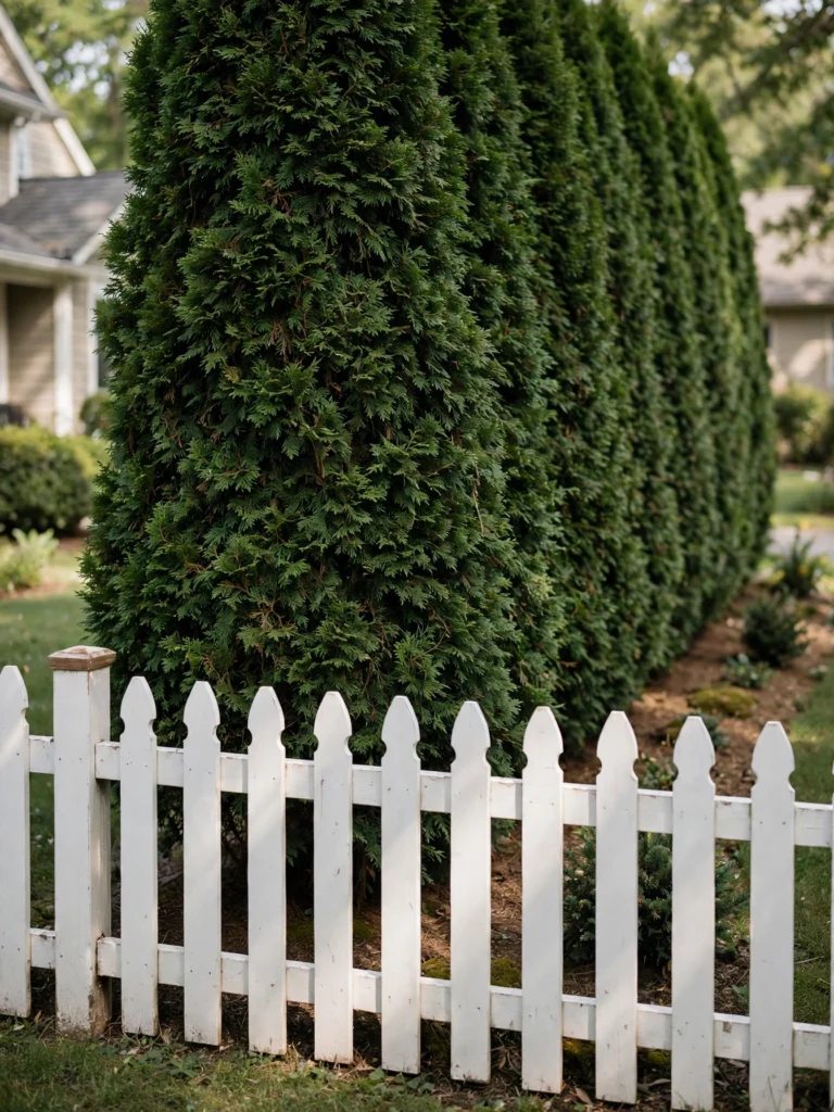 Evergreen Hedge Privacy Screen of tall arborvitae behind a low picket fence in a front yard