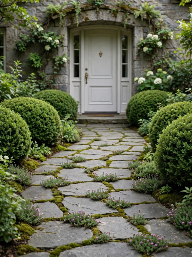 Sweeping Stone Path with Moss and Thyme leading to a front door between mounded boxwoods