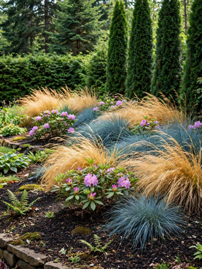Layered Evergreen and Grass Border with upright conifers, rhododendrons, and blue and gold grasses