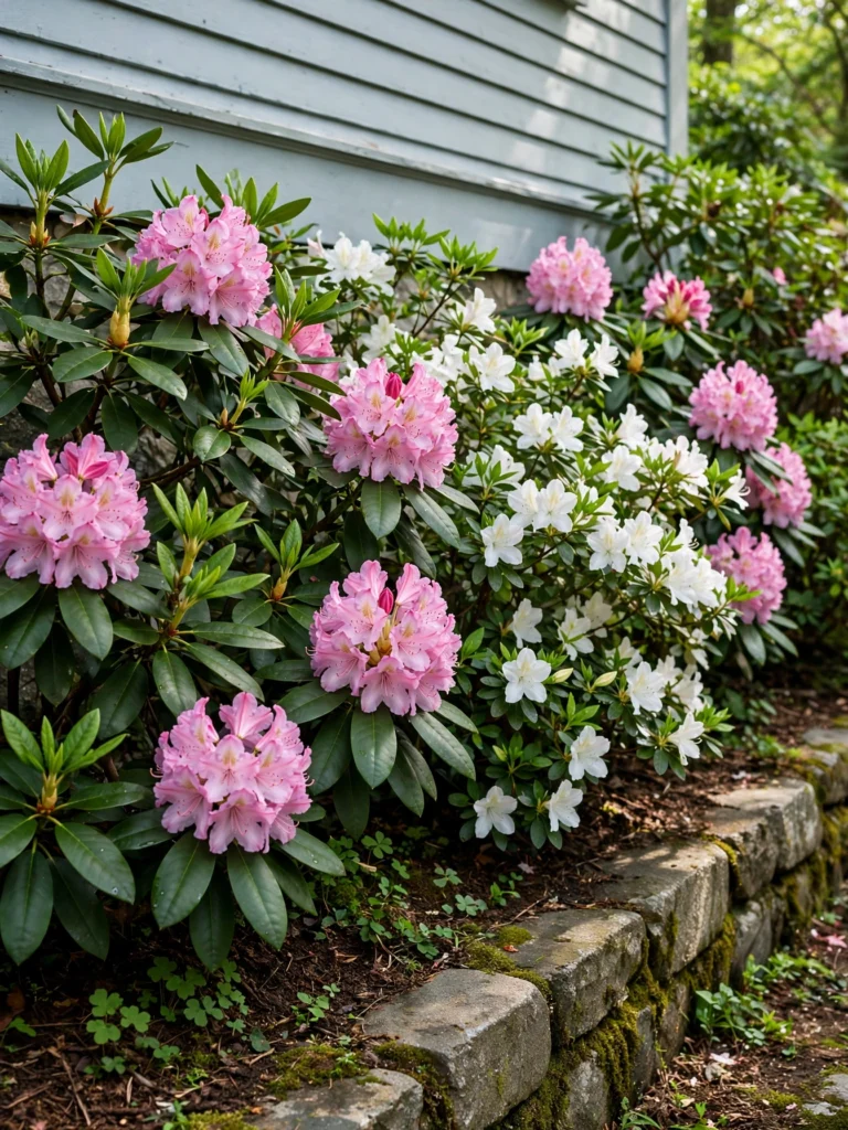 Rhododendron and Azalea Spring Burst with pink and white blooms along a house foundation and lawn