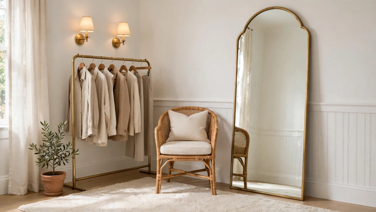 22 Dressing Room Mirror Ideas That Make Your Outfit Corner Look Amazing, featuring an arched brass-framed mirror