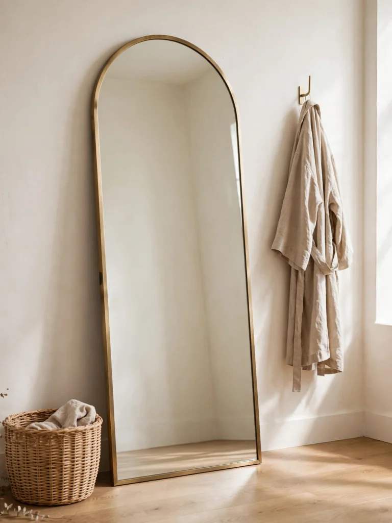 Arched Full-Length Brass Mirror leaning against a white wall with a woven basket and linen robe