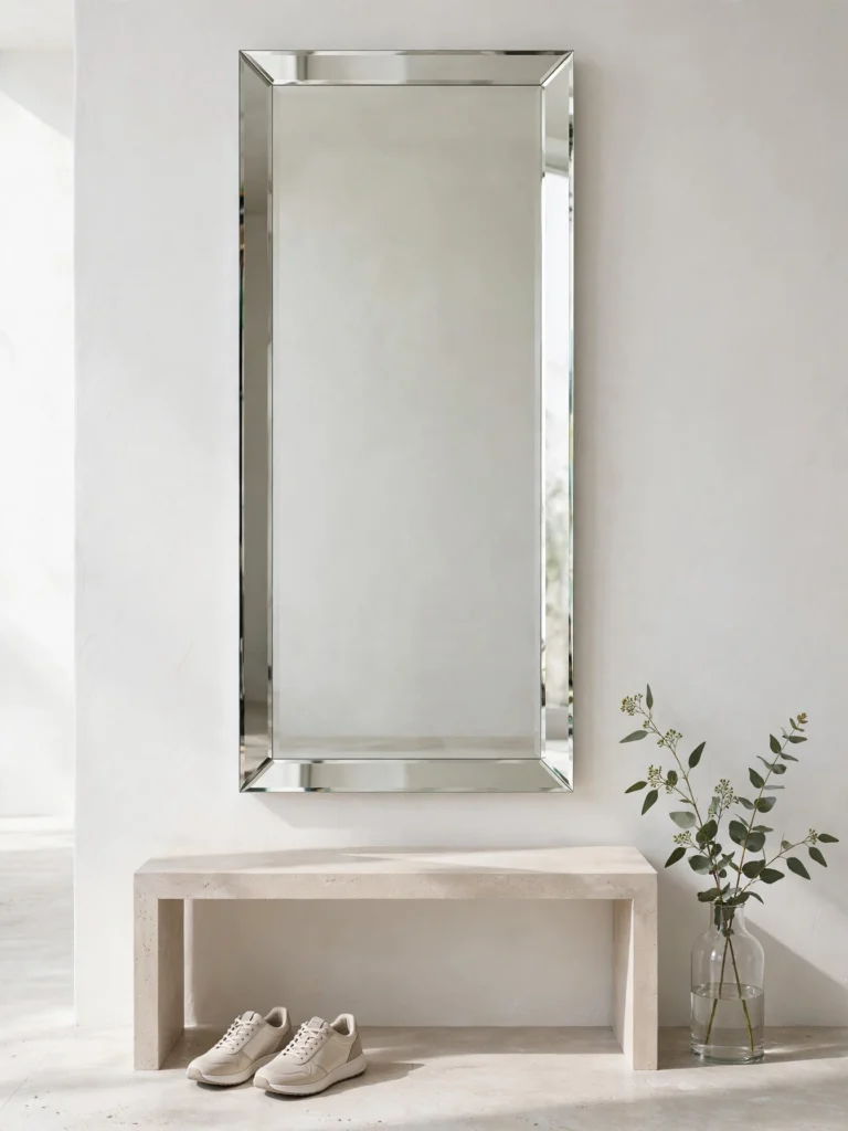 Minimalist Frameless Wall Mirror with beveled edges above a slim bench and neutral sneakers