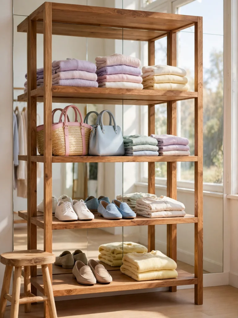 Mirror Behind Open Shelving with folded clothes, handbags, and shoes in a bright dressing area