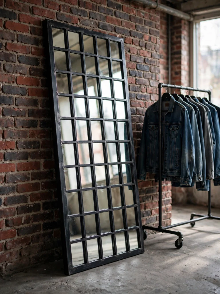 Black-Framed Industrial Grid Mirror leaning against brick beside a rolling garment rack