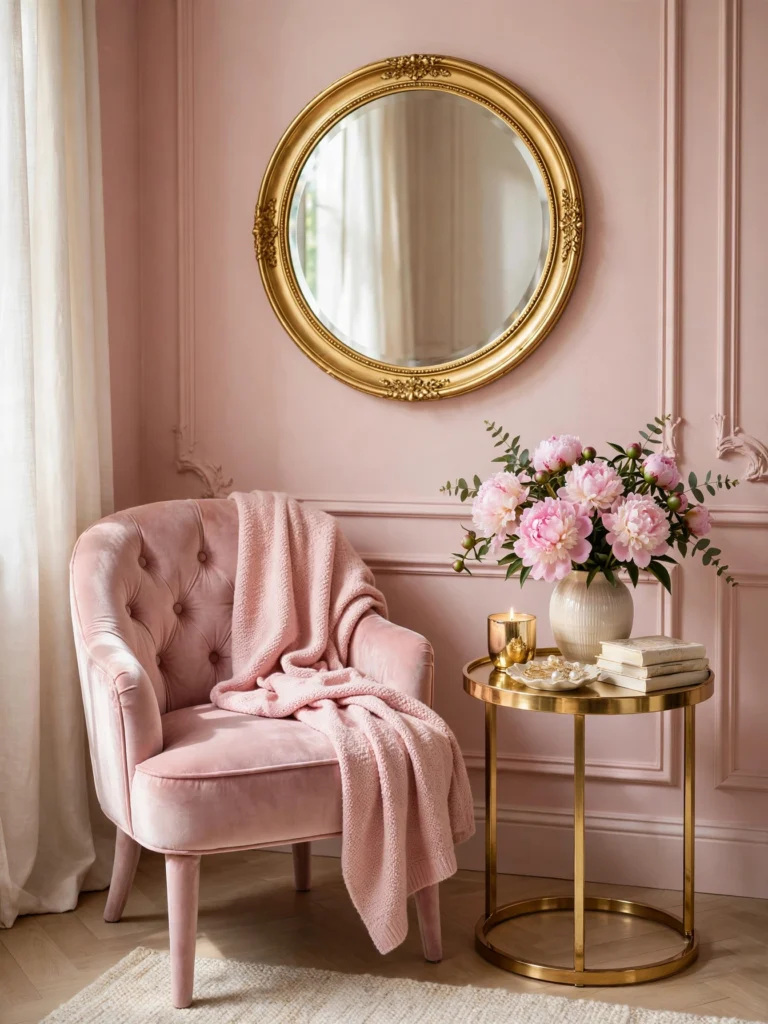 Soft Pink Glam Dressing Corner with a round gold mirror, blush velvet chair, and peonies