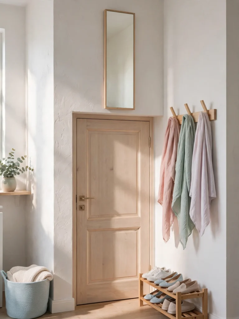 Small Space Over-the-Door Mirror with wall hooks, scarves, and a shoe rack in an apartment