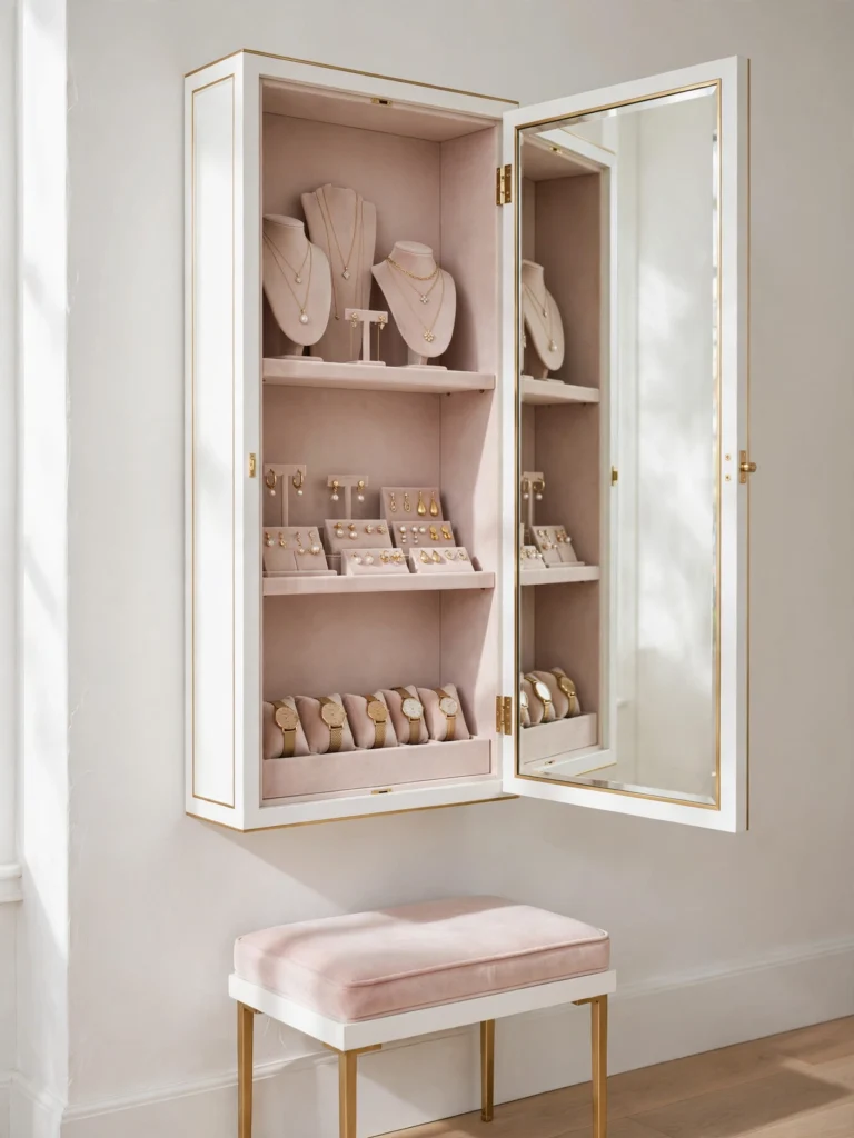 Mirror with Hidden Jewelry Storage opening to reveal necklaces and earrings on velvet shelves