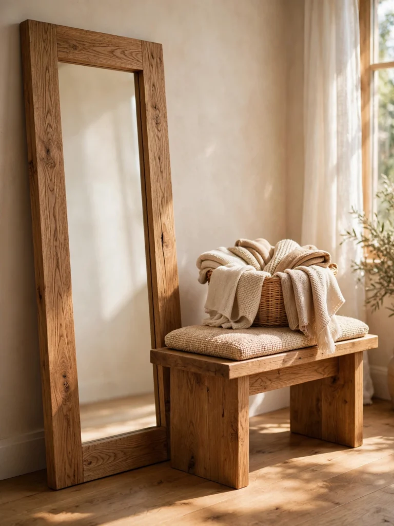 Warm Wood Mirror and Bench Pairing with an oak frame, woven cushion, and scarf basket