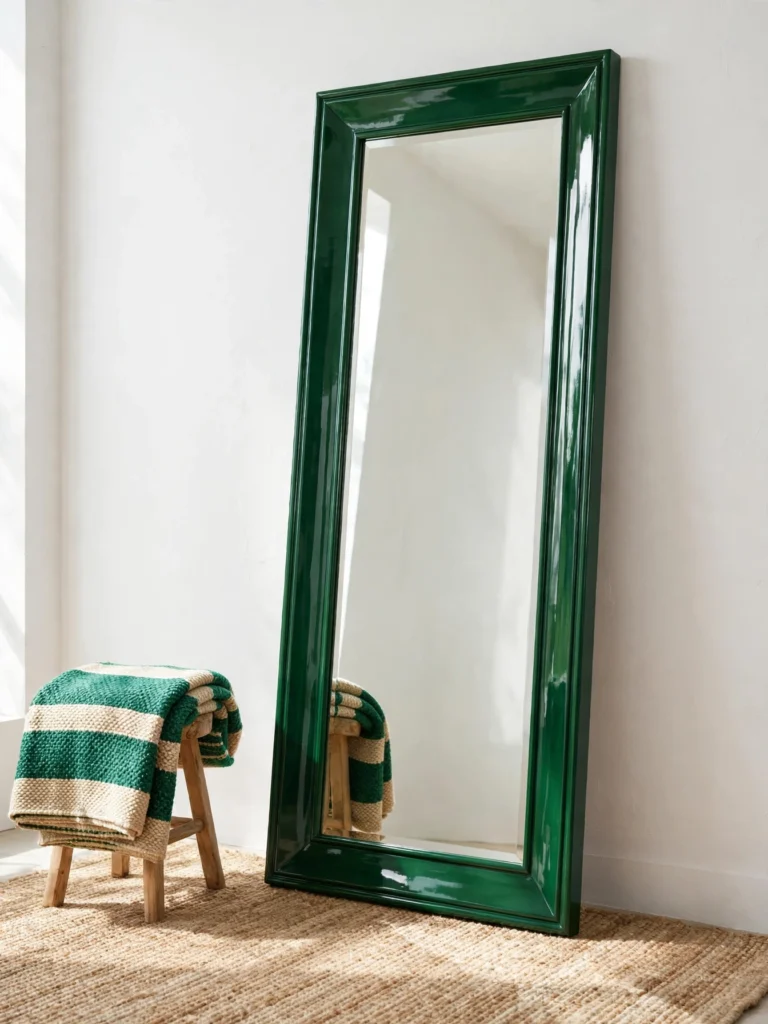 Glossy Lacquered Frame Pop with an emerald green frame against a white wall and a jute rug