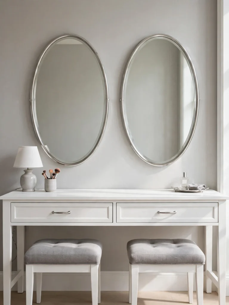 Mirrored Dressing Table Duo with two oval mirrors above a long white table and two stools