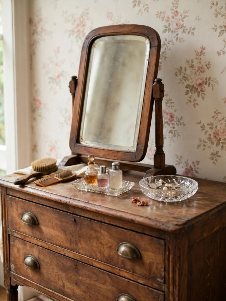 Antique Dresser with Tilting Mirror holding a crystal dish and vintage hairbrush set