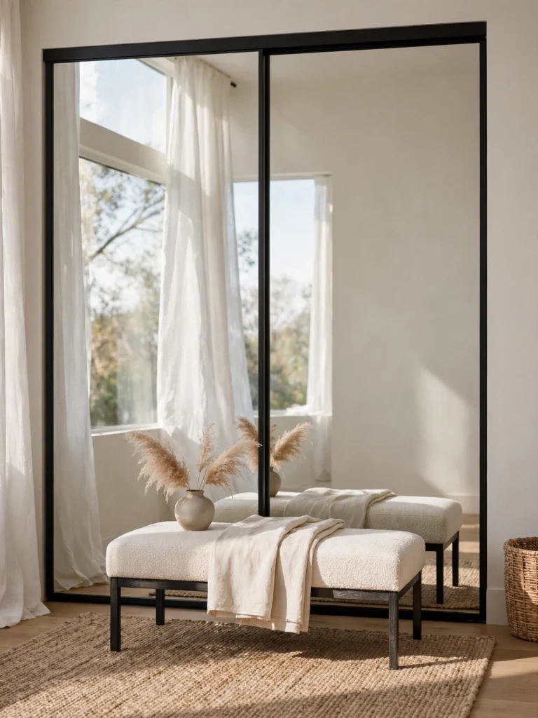 Mirrored Closet Door Wall with slim black frames reflecting window light and a small bench