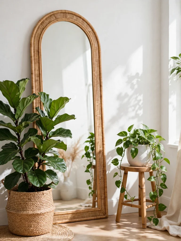 Indoor Plant and Mirror Corner with an arched mirror, fiddle-leaf fig, and trailing pothos