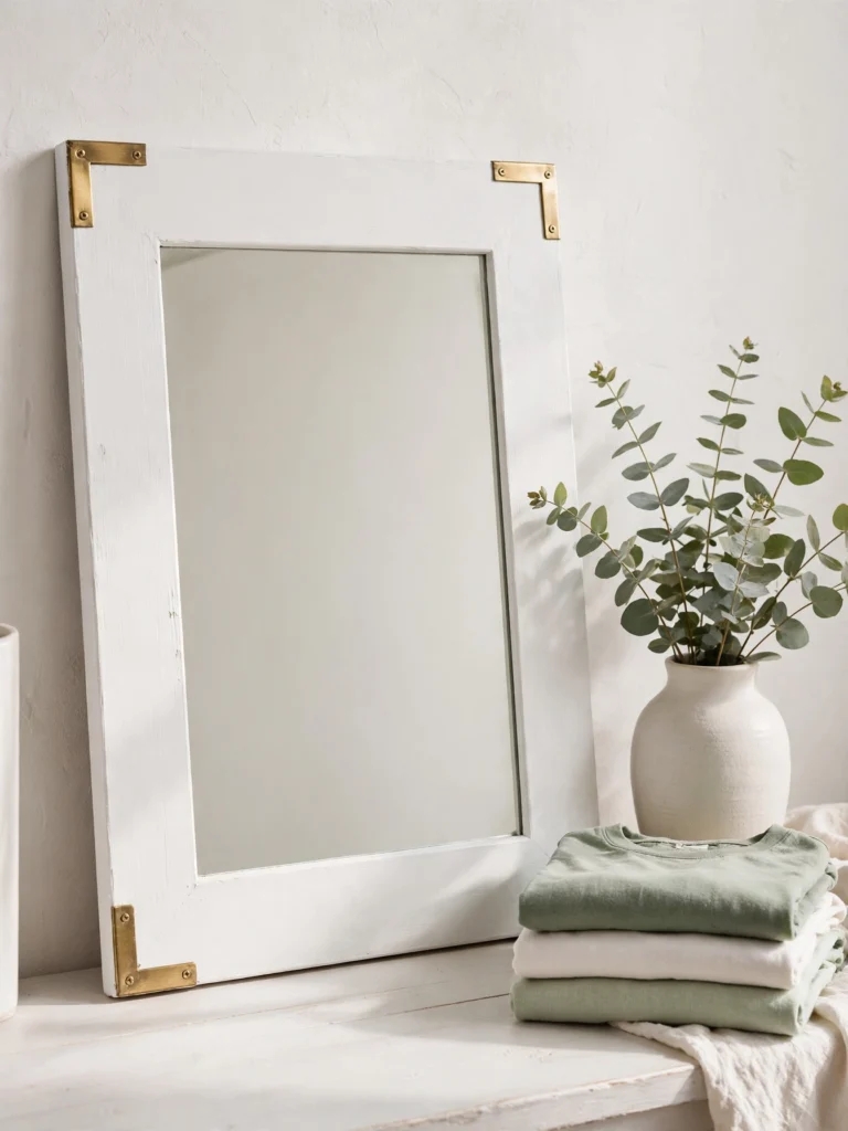 Budget DIY Mirror Makeover with a matte white frame and brass corners beside eucalyptus
