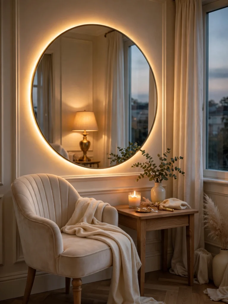 Evening Glow Mirror Lighting Scene with a round mirror edged in warm LED light beside a velvet chair