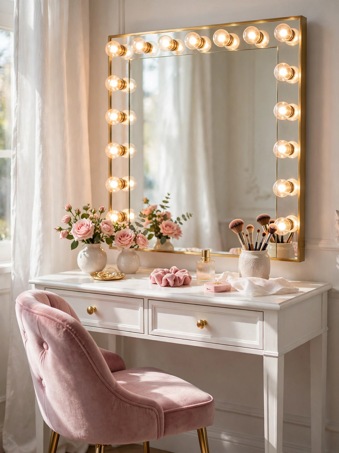 Hollywood Bulb Vanity Mirror with warm round bulbs above a white dressing table and velvet chair