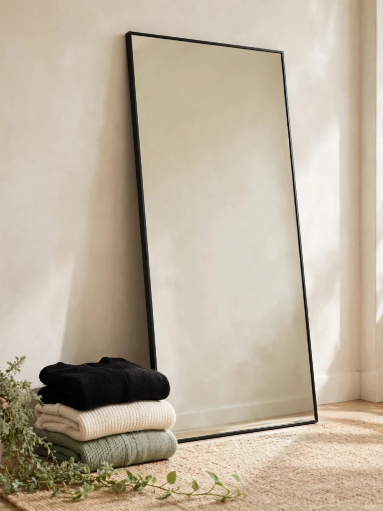 Leaning Oversized Floor Mirror with a thin black frame beside folded sweaters and a trailing plant