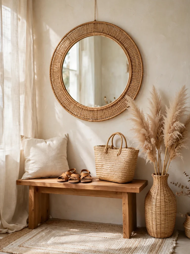 Rattan-Framed Boho Mirror above a wooden bench with sandals and pampas grass in a dressing corner