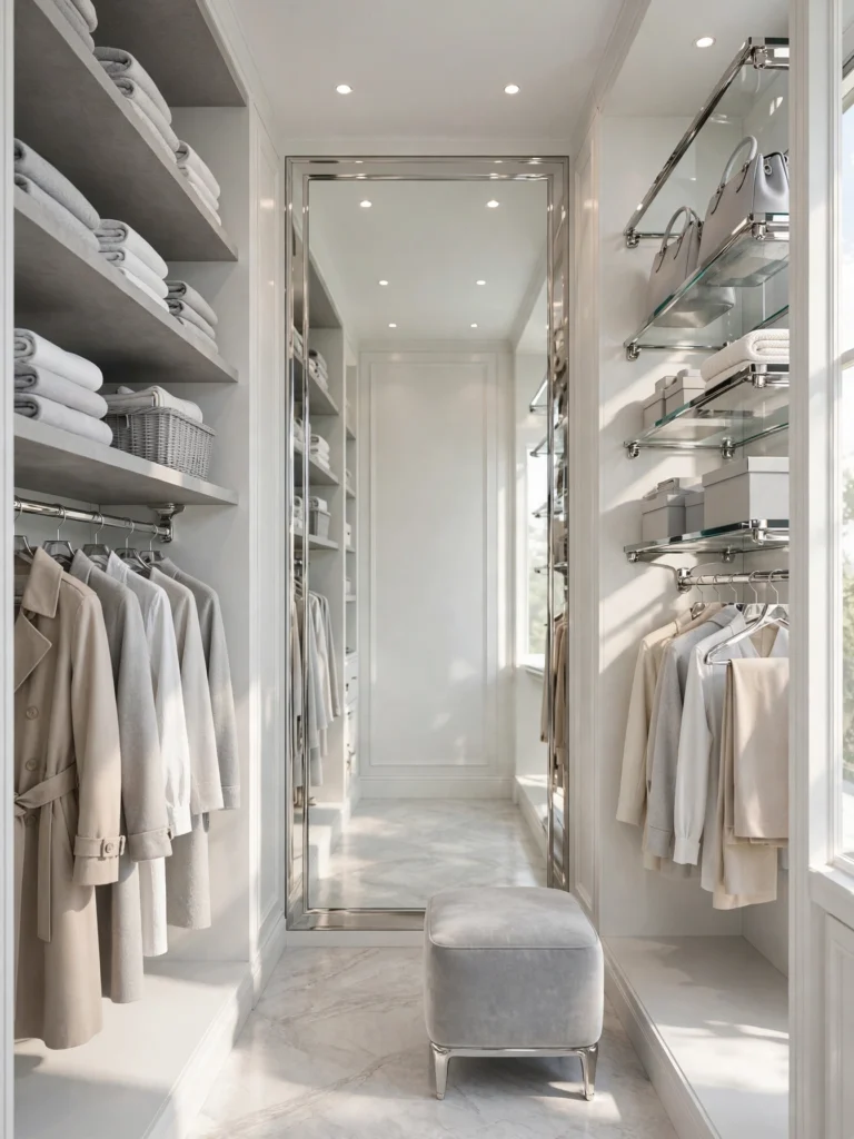Walk-In Closet Mirror Panel at the end of a white built-in closet with soft recessed light