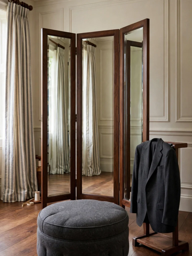 Three-Panel Tailor Mirror with a walnut frame, round ottoman, and blazer on a valet stand