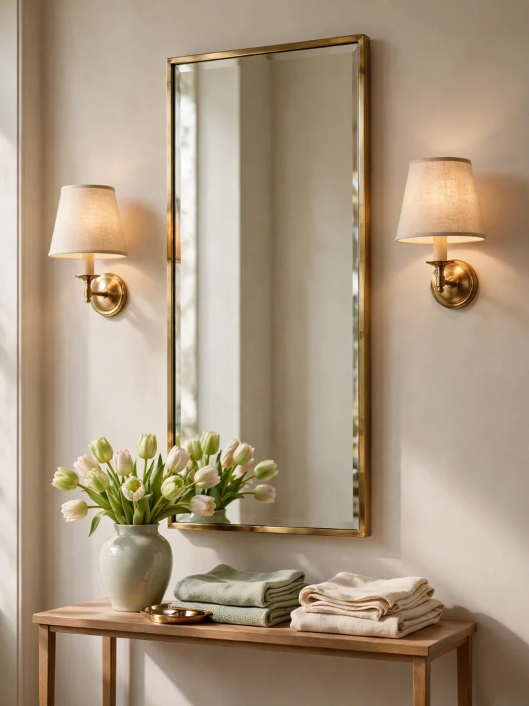 Mirror Framed by Sconces with matching linen-shaded lights above a slim console with tulips