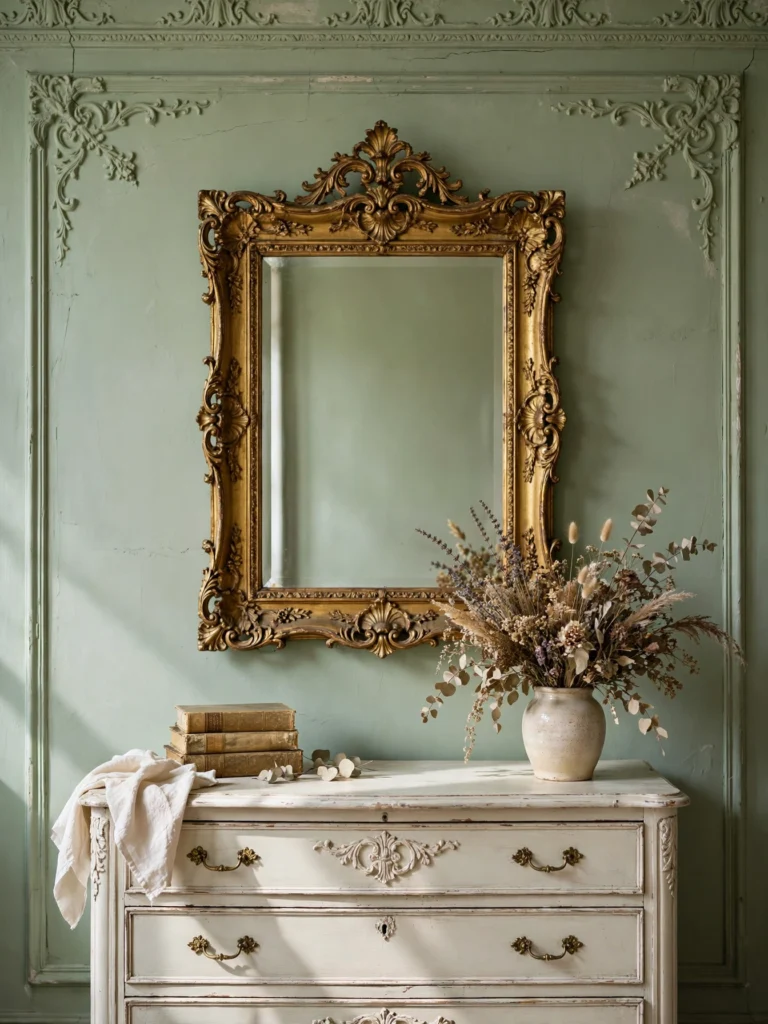 Vintage Gilded Frame Statement above a painted dresser with dried flowers against a sage wall