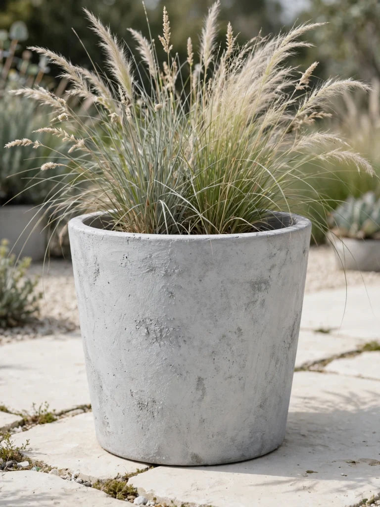 Concrete-Look Painted Planter in soft gray holding ornamental grass on a pale stone patio