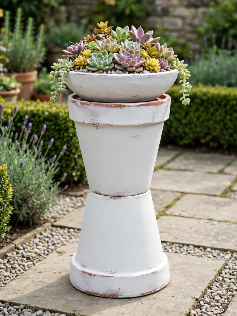 Pedestal Planter from Stacked Pots in white with a shallow bowl of colorful succulents on a patio