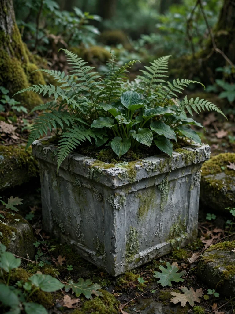 Mossy Aged Stone Effect Planter with ferns and hostas in a shady woodland garden corner