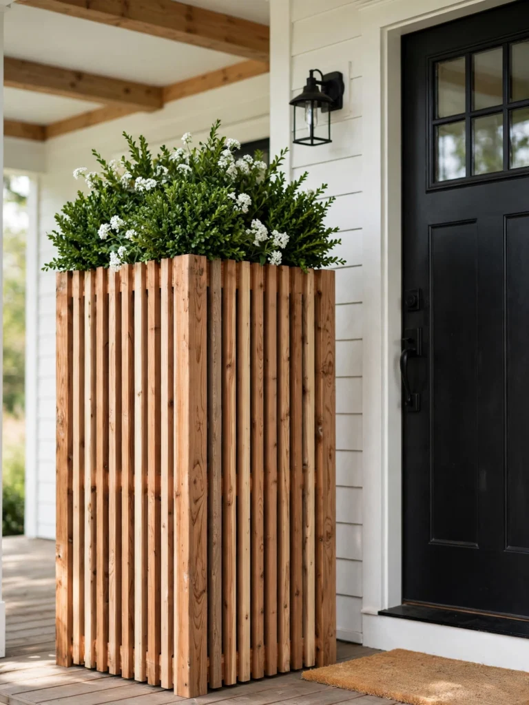 Cedar Slat Box Planter with boxwood and white flowers beside a front door on a covered porch