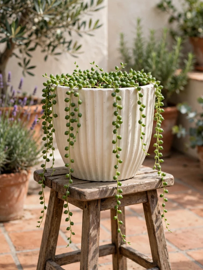Fluted Terracotta Pot Makeover in cream with a trailing string of pearls on a wooden stool