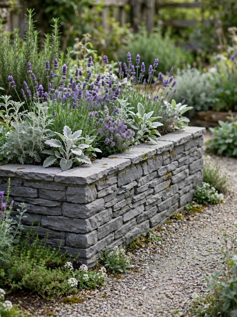 Stacked Stone Veneer Planter with lavender and silver foliage beside a gravel path