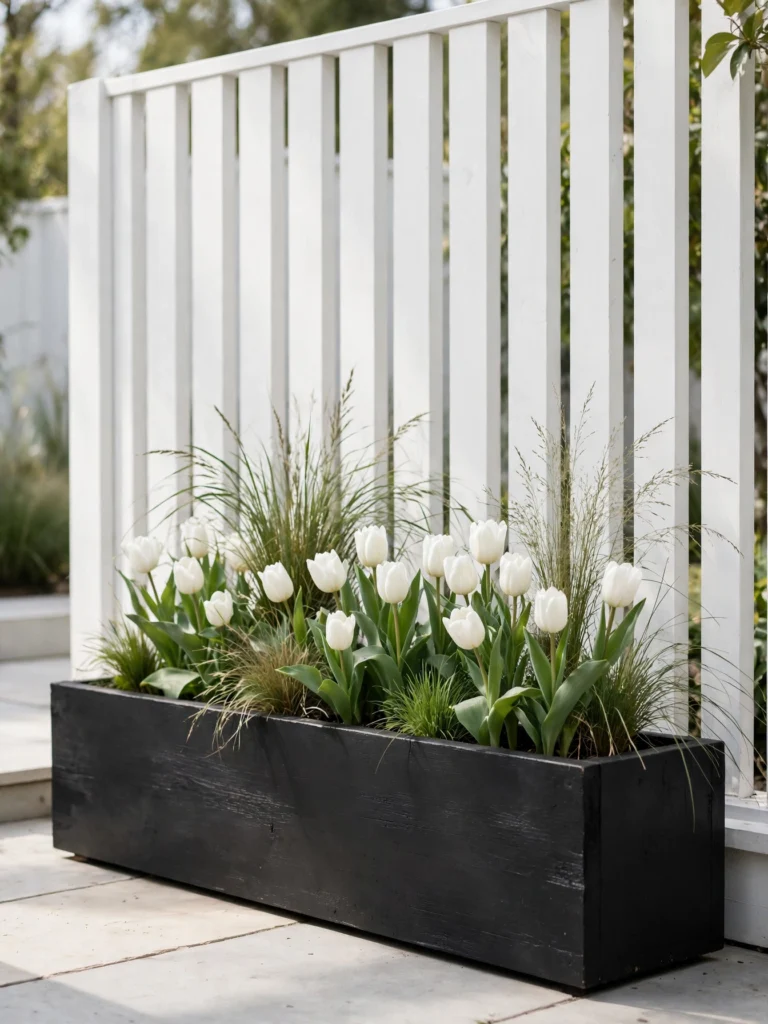 Black Painted Modern Trough with white tulips and grasses along a white fence by a patio