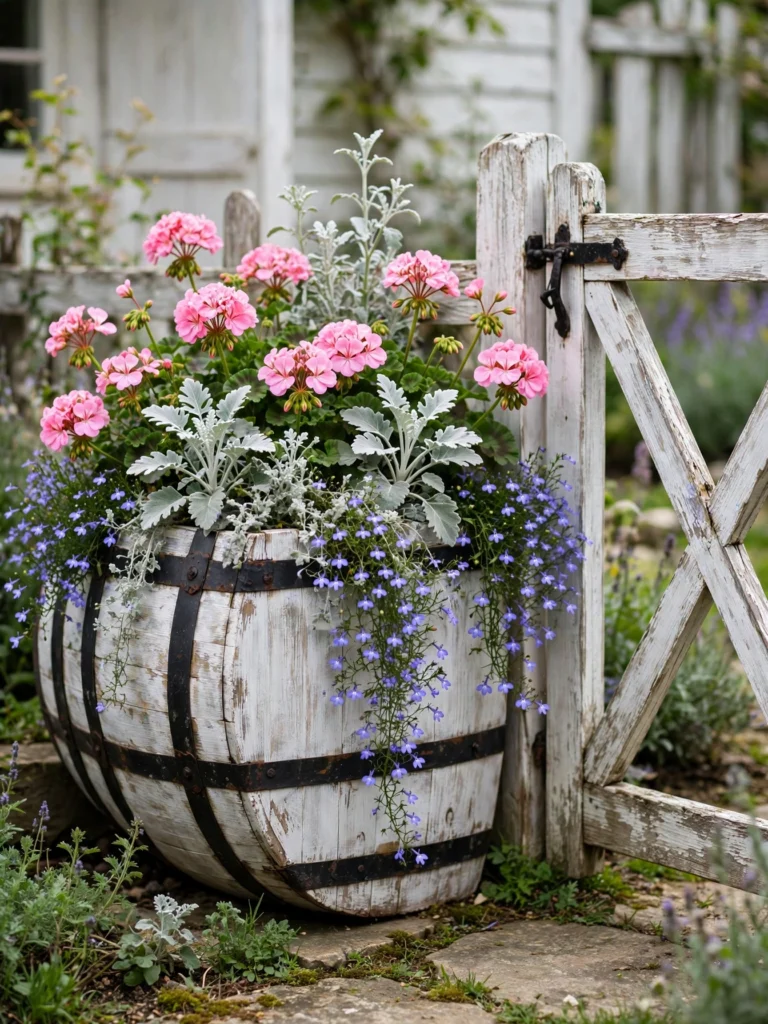 Whitewashed Barrel Planter overflowing with geraniums, lobelia, and dusty miller beside a garden gate