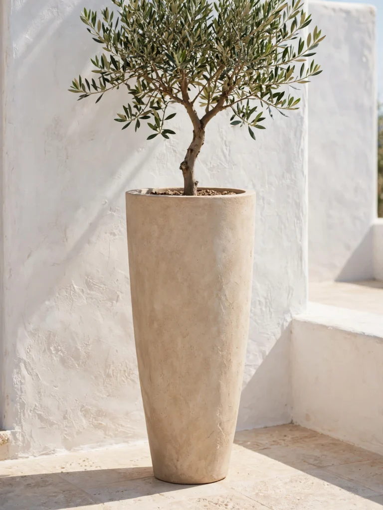 Tall Tapered Plaster Planter in sand beige holding an olive tree against a whitewashed wall