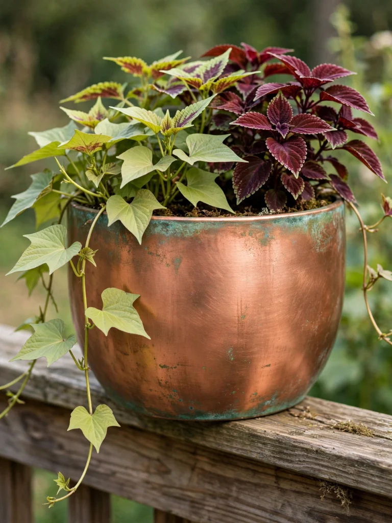 Metallic Copper Accent Pot with a green patina holding sweet potato vine and coleus on a deck rail
