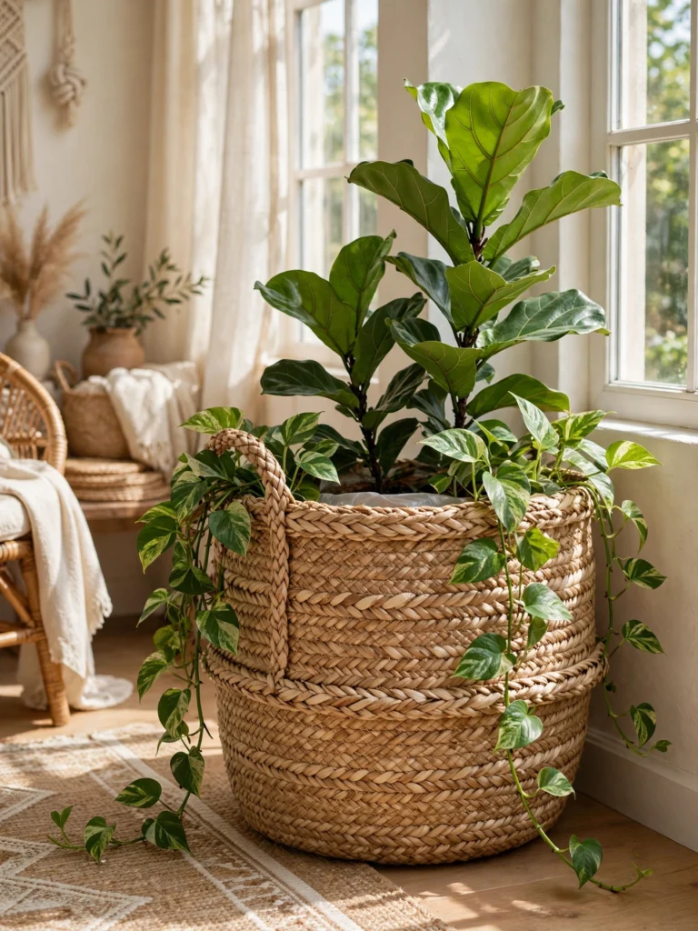 Woven Basket Liner Planter with a fiddle-leaf fig and pothos in a sunroom corner
