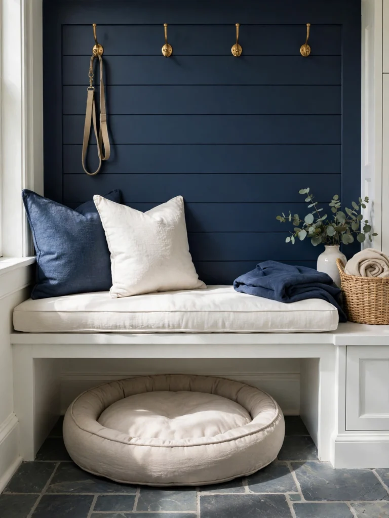 Built-In Bench with Dog Bed Nook beneath a white seat with navy shiplap and brass hooks