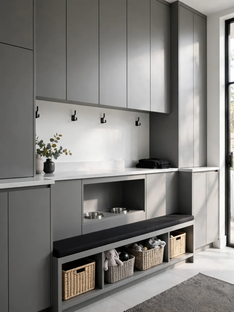 Sleek Modern Pet Cabinet in matte gray with a feeding niche, quartz counter, and slim bench
