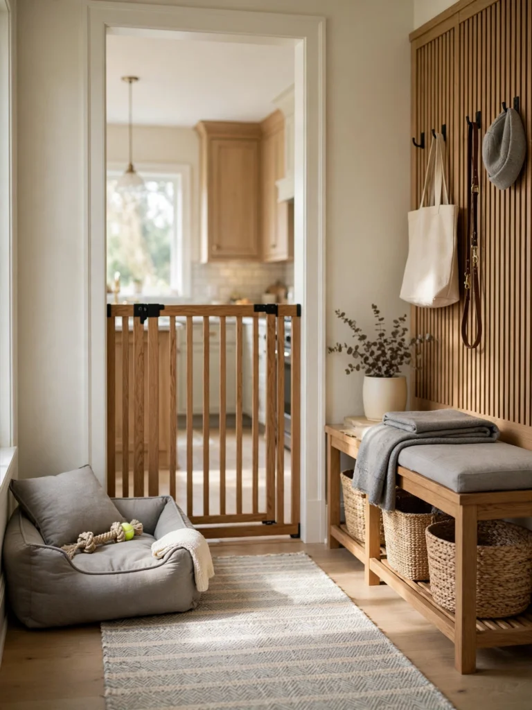 Pet Gate and Entry Zone with a wood-framed gate, dog bed, bench, and baskets in a mudroom