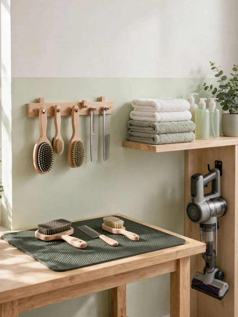 Hair and Grooming Station with a raised table, brushes, shampoo, towels, and a hand vacuum
