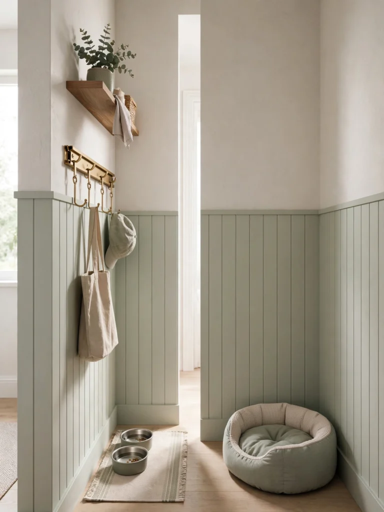 Small Mudroom Slim Pet Corner with a wall shelf, hook rail, compact bowl mat, and round dog bed