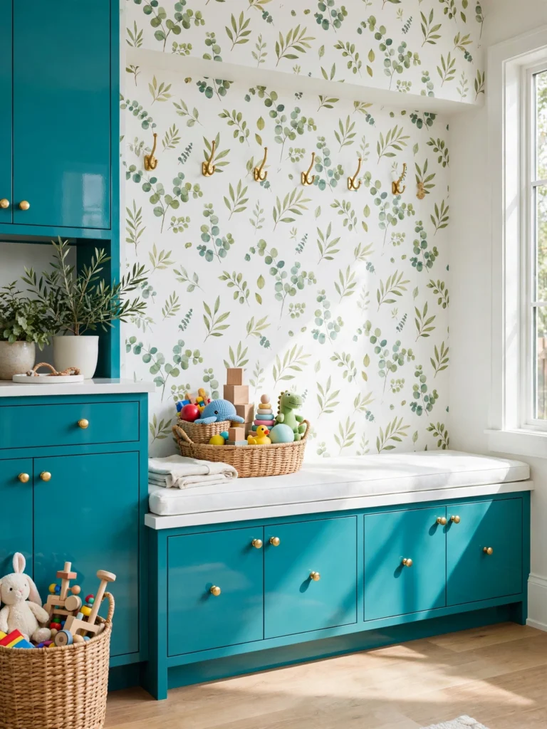 Colorful Painted Cabinet Pop with teal cabinets, a white bench, brass knobs, and a basket of toys