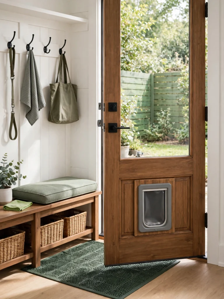Pet Door and Outdoor Access Zone with an insulated pet door, washable mat, bench, and yard view
