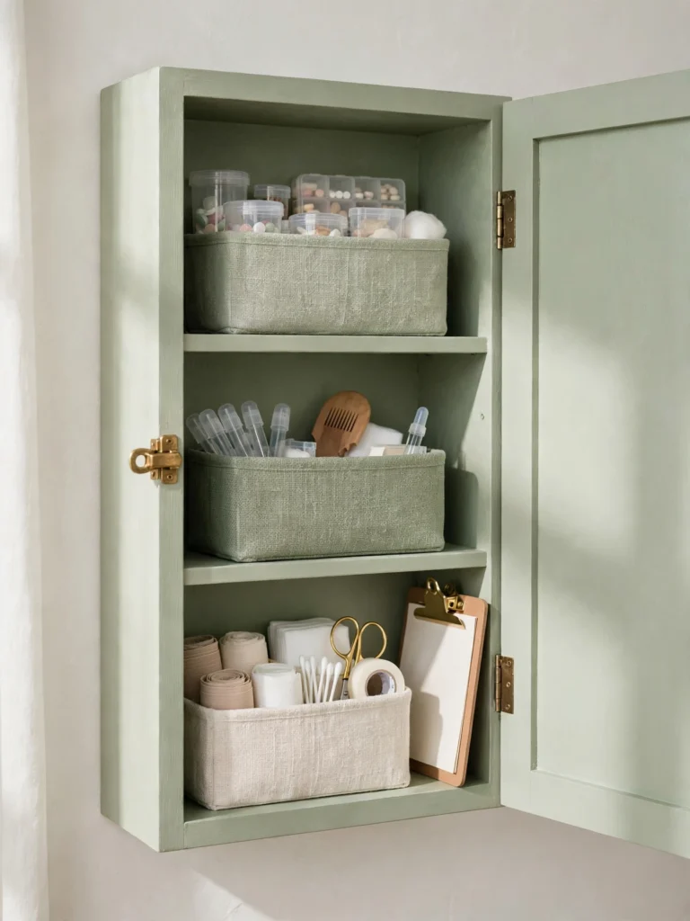 Pet Medicine and First-Aid Shelf in a latched wall cabinet with labeled bins and a first-aid kit
