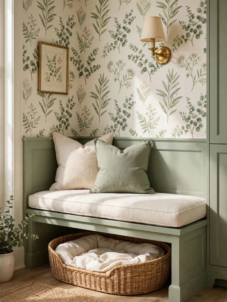 Wallpapered Powder Pet Nook with botanical wallpaper, a cushioned bench, a woven dog bed, and a brass sconce